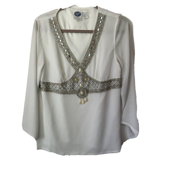 DG2 Diane Gilman Sequin  Bead Embellished White Tunic size S Summer Glam Chic - Picture 1 of 12